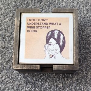 Humorous Coaster Set with Wooden Holder